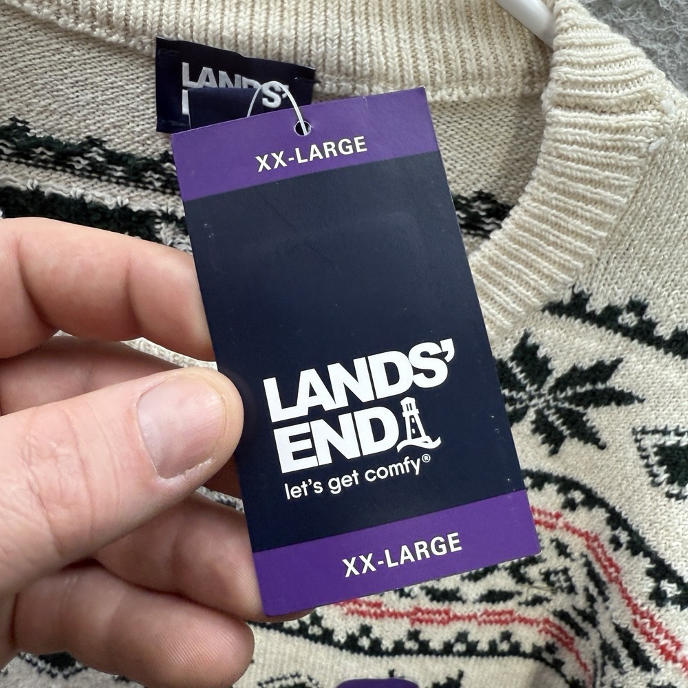 Lands End Sweater Adult XXL Multicolor Fair Isle Knit Crewneck Geometric Dog NEW - Picture 10 of 13